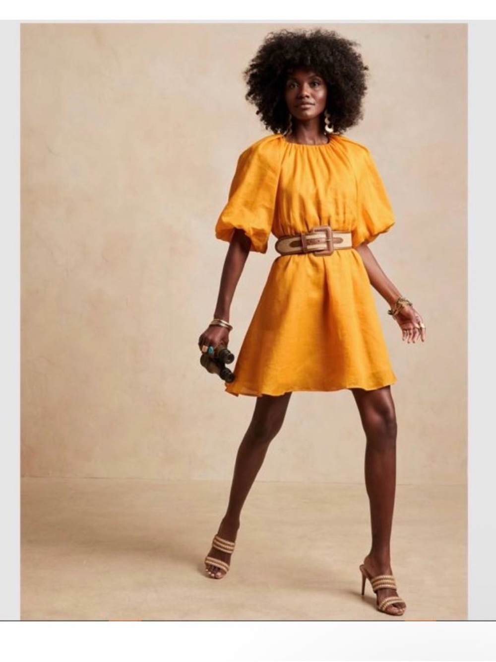 Banana Republic Puff Sleeve Linen Mini Dress with Belt Yellow Women's Size XS